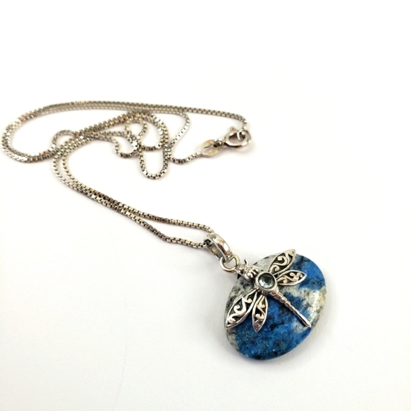 Blue azurite dragonfly pendant necklace + 925 sterling silver chain - Picture 9 of 13